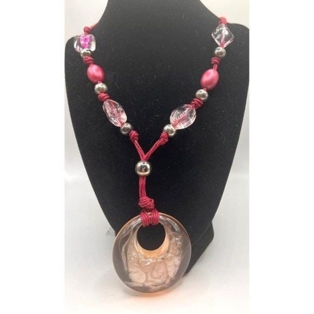 Boho Pink Cord Necklace‎ with Iridescent Round Stone Pendant 16" Unique